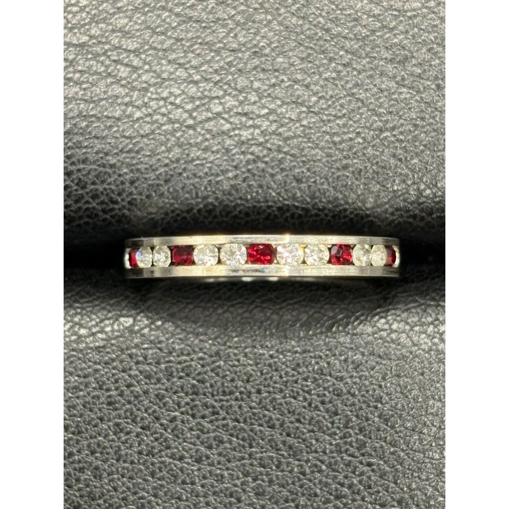 EUC Sterling Silver Red Eternity White Cubic Zirconia V Ring Size 7.75 D14